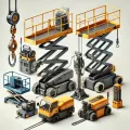 DALL·E 2025-02-23 20.46.35 - A high-quality thumbnail image of lifting and hoisting equipment on a white background. The equipment includes a compact winch, a scissor lift, a mate